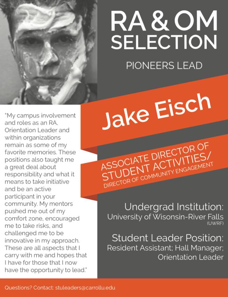 PIOrientation's tweet image. Still considering applying for the RA or OM position? Check out Jake's experience and apply by noon on 12/11/17! my.carrollu.edu/ICS/Department…