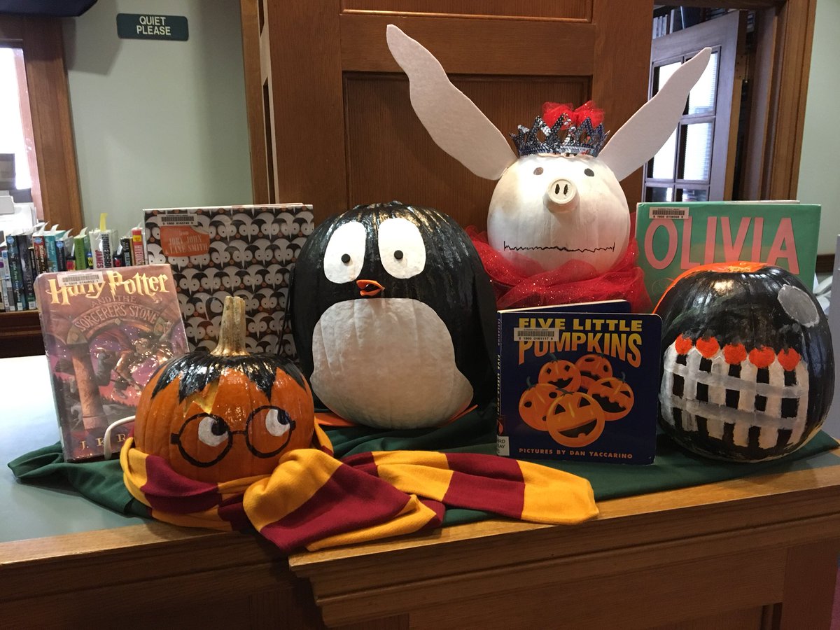 EldredgeLibrary's tweet photo. The #eplstaff #bookpumpkins are rolling in @EldredgeLibrary ! Stop by tomorrow to see the new additions! Trick or treaters welcome too! https://t.co/RKCU2Lujln