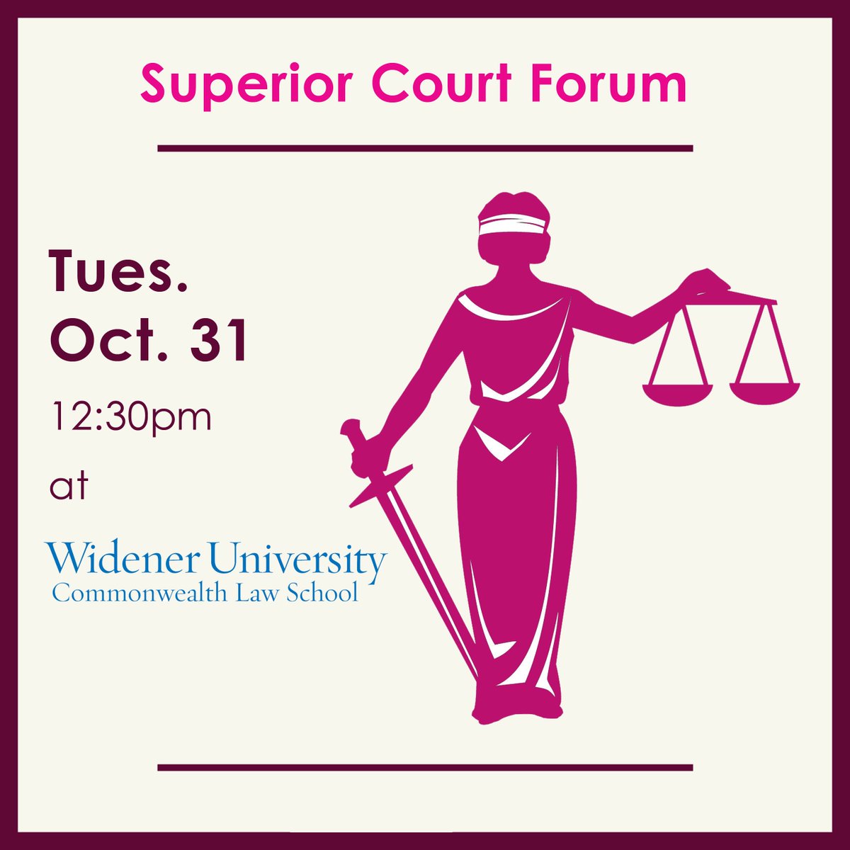 PAWomensForum's tweet photo. Join us tomorrow at 12:30pm @WidenerLawCW for the Superior Court forum with @LWVPA @Committeeof70 @widenerLG https://t.co/WZqFDxT4vd