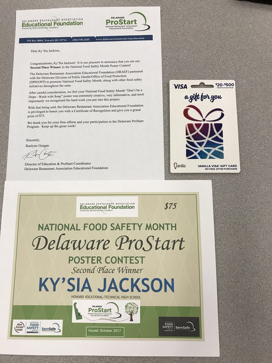 stgeorgescul's tweet photo. Howard CA student Ky’sia Jackson 2nd in the Delaware ProStart National Safety poster competition @HowardWildcats @NCCVoTech https://t.co/fUiYarRJqc