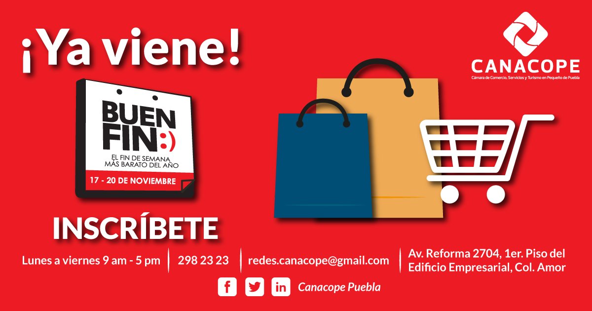 CanacopePuebla's tweet photo. ¡Ya casi! Participa con nosotros en #ElBuenFin 🛒💳🏷️
Inscríbete aquí: ➡️ https://t.co/RNfVqoUFJ2
#CompraLoLocal #SoyCANACOPE https://t.co/Kjg9gO6ZOU
