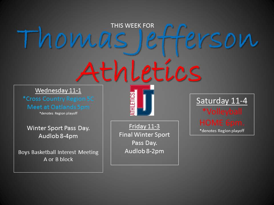 TJHSST_Sports's tweet photo. This week at TJ:
Wednesday XC at Oatlands for Regionals.
Saturday VB at HOME for first round of Regionals.
Winter Sport Passes Wed &amp; Fri. https://t.co/mj4orwtdpX
