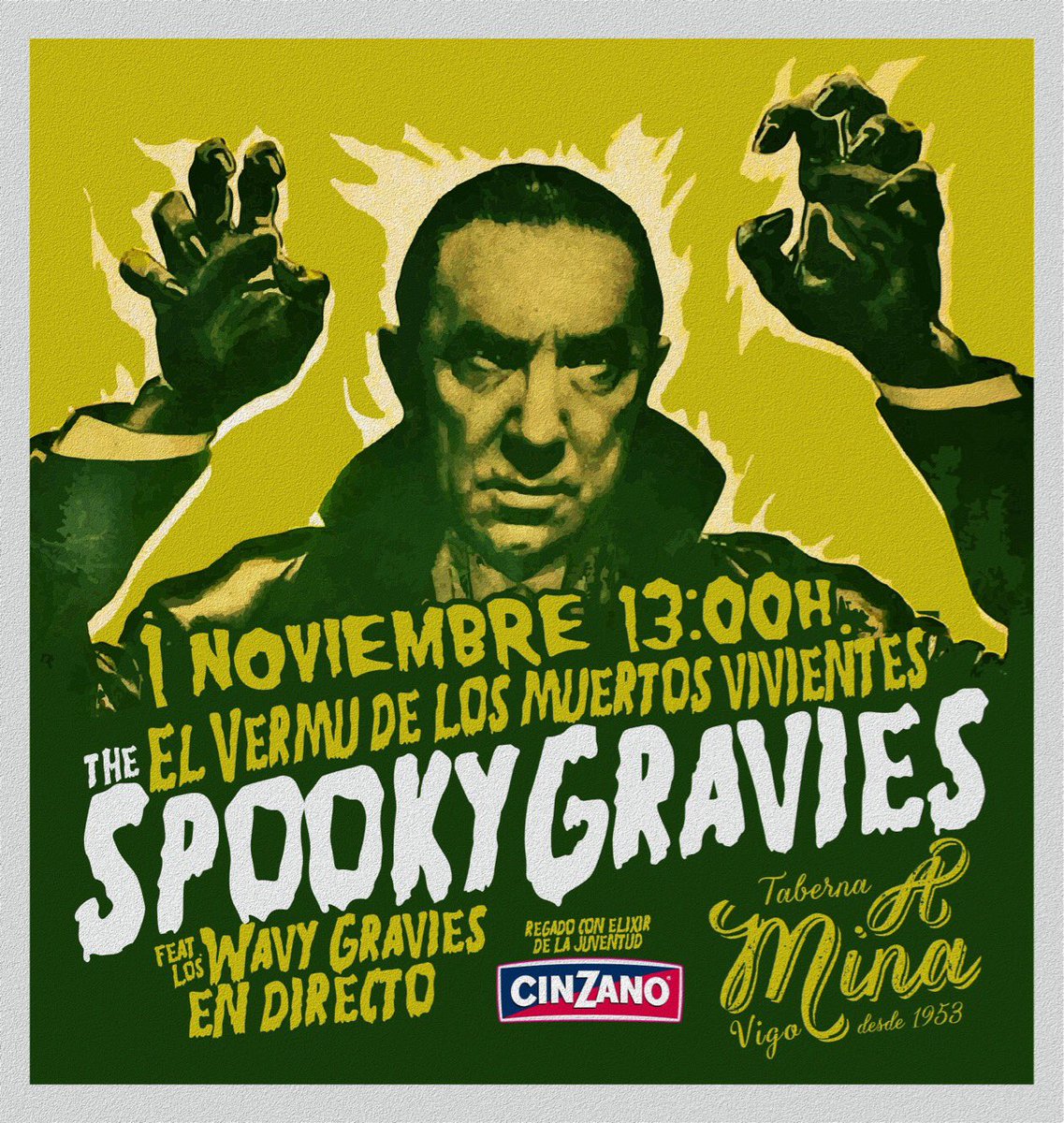 TabernaAMina's tweet photo. Este miércoles planazo de #Samaín en #TabernaAMina: The Spooky Gravies pondrán la BSO al vermú @cinzanoofficial de los muertos vivientes 👻 https://t.co/XDJTT4ped5
