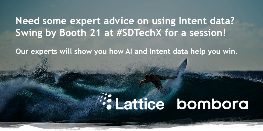bomboradata's tweet photo. Interested in figuring out how you can target your key accounts more efficiently using fit + #intent? Swing by the @Lattice_Engines booth during #SDTechX for a 1:1 expert session with us today at 5:30pm! #ABM #B2BMarketing #DemandUnit #martech #marstack #AI #data @siriusdecisions https://t.co/3lmTSkuw5x