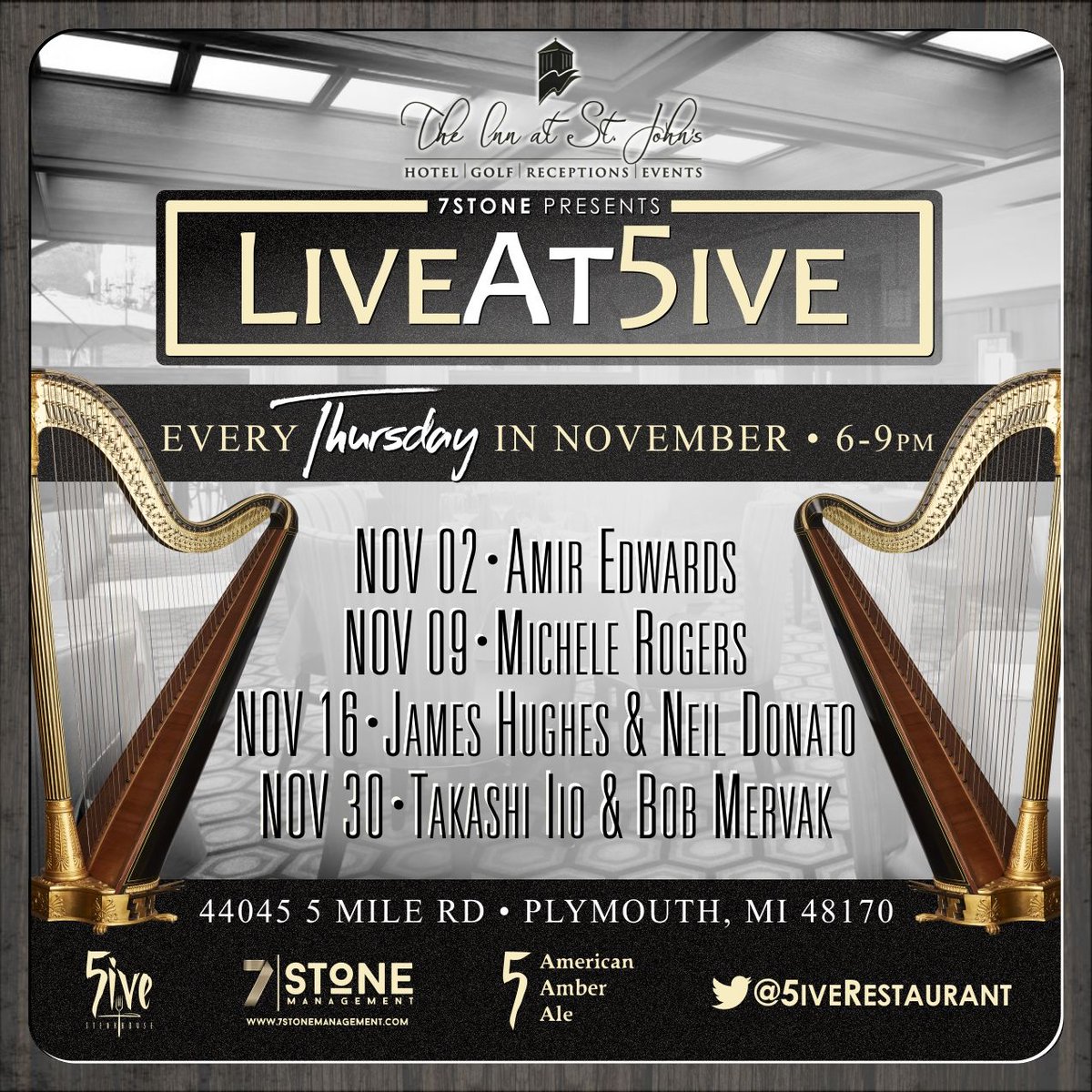 7StoneDetroit's tweet photo. #7StonePresents our Nov. 2017 #LiveMusic Line Up Thursdays at The Inn at St. John's #5iveSteakhouse | 6-9p | #LiveAt5ive #7StoneManagement https://t.co/ot6a8Ur4iS