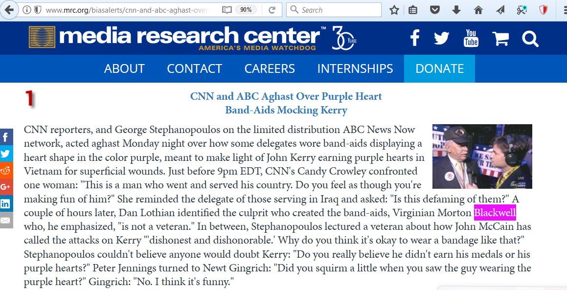 12. An example of MORTON BLACKWELL'S handiwork is the MOCKING OF JOHN KERRY'S PURPLE HEART in 04.  http://www.mrc.org/biasalerts/cnn-and-abc-aghast-over-purple-heart-band-aids-mocking-kerry-8312004