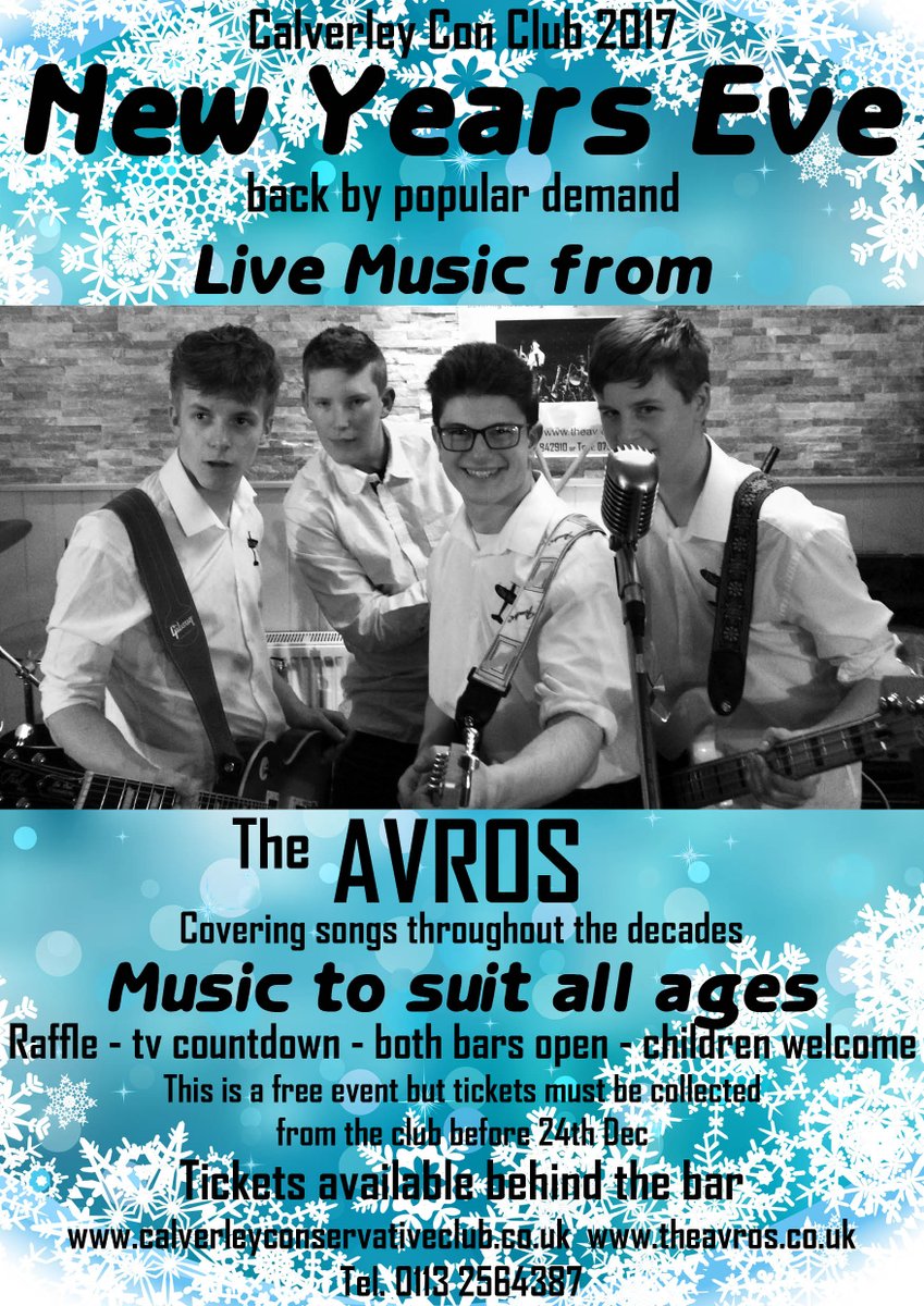 CalverleyConc's tweet photo. Join us on New Years Eve with Live music from @the_avros collect a ticket from the club #nye #calverley #live #music #leeds #newyear https://t.co/0ZSO2QbMFj