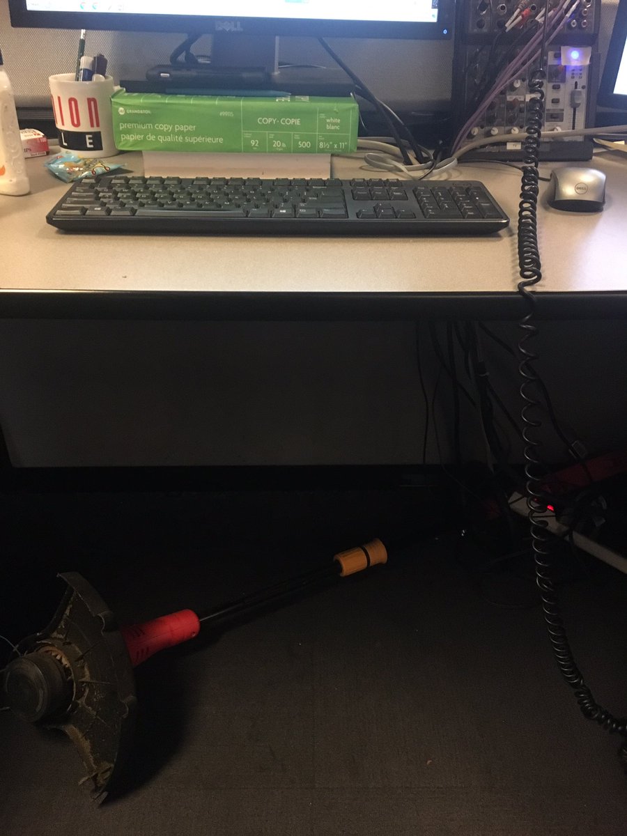 Natalie_SKi's tweet photo. A little confused by the weed wacker under my desk?! 🤔#officefinds https://t.co/Noopf1oNcS