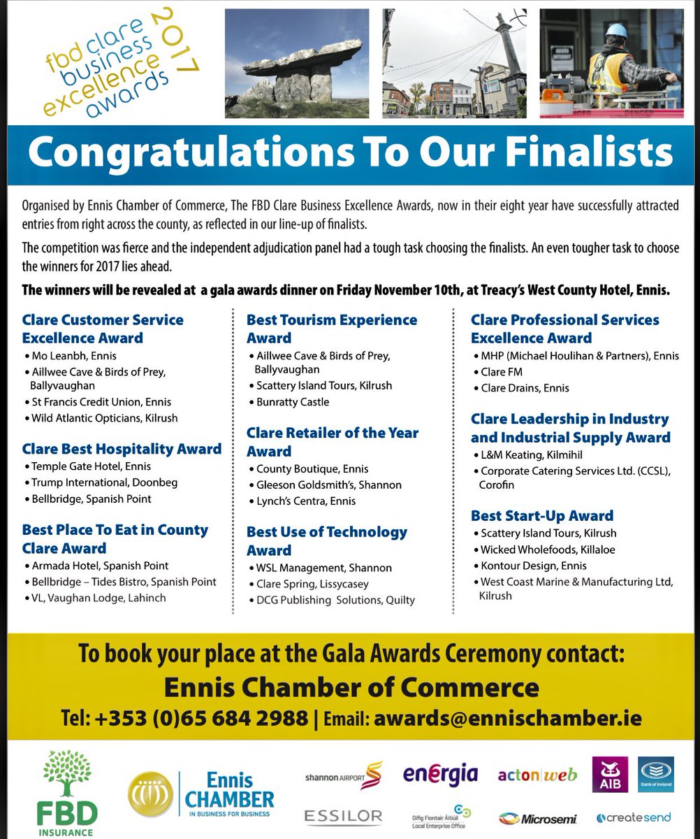 EnnisChamber's tweet photo. Congratulations to our finalists  What a representation of great Clare businesses we have as finalists #fbdawards  #ennis @LEOCountyClare https://t.co/JK8vFNDIaV