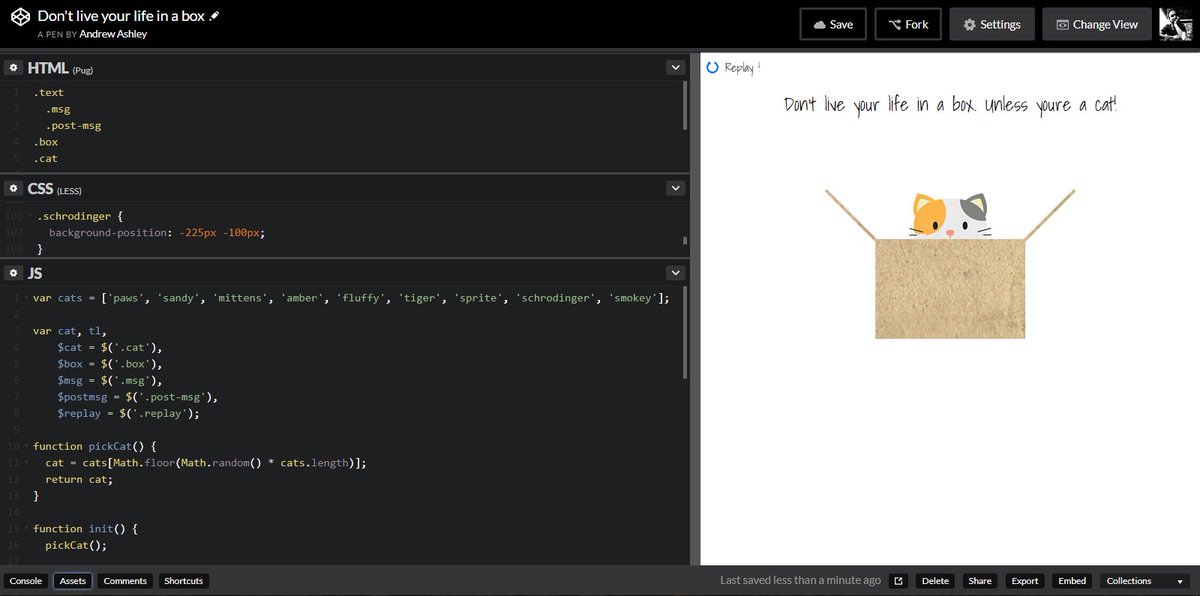 CoinOperatedGoi's tweet photo. Don't live your life in a box! A fun little #GSAP #TimelineMax animation on @CodePen #cats #webdesign https://t.co/LSKny8QQ59 https://t.co/iJLRj5Lhny