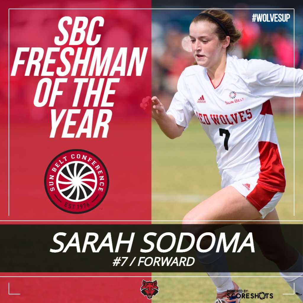 AStateSoccer's tweet photo. Sarah Sodoma has been named the @SunBelt Freshman of the Year after leading all freshman with 8️⃣ goals on the year. #WolvesUp https://t.co/qxsNdlHAmu