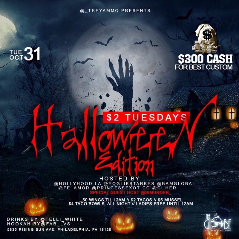 _treyammo's tweet photo. Tomorrow Night #TheNewWave #GlobeLounge 2dollarTrapTuesday #HalloweenEdition 😈🍾 https://t.co/o56nBXeaHn