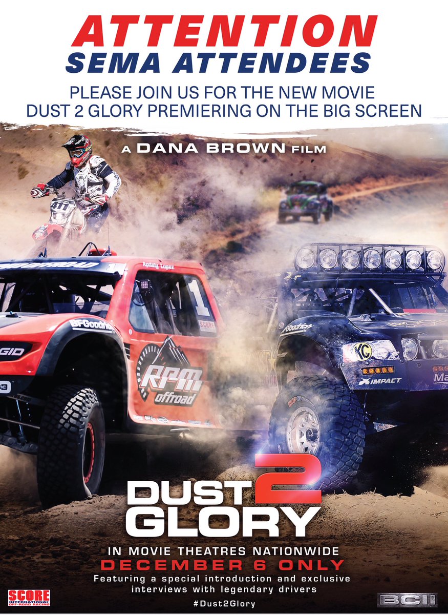 BFGoodrichTires's tweet photo. Don’t miss #Dust2Glory, premiering this Wednesday at #SEMA. If you're not @SEMASHOW , there’s still a chance to catch it in theaters Dec 6. https://t.co/G2pUI6oJs4
