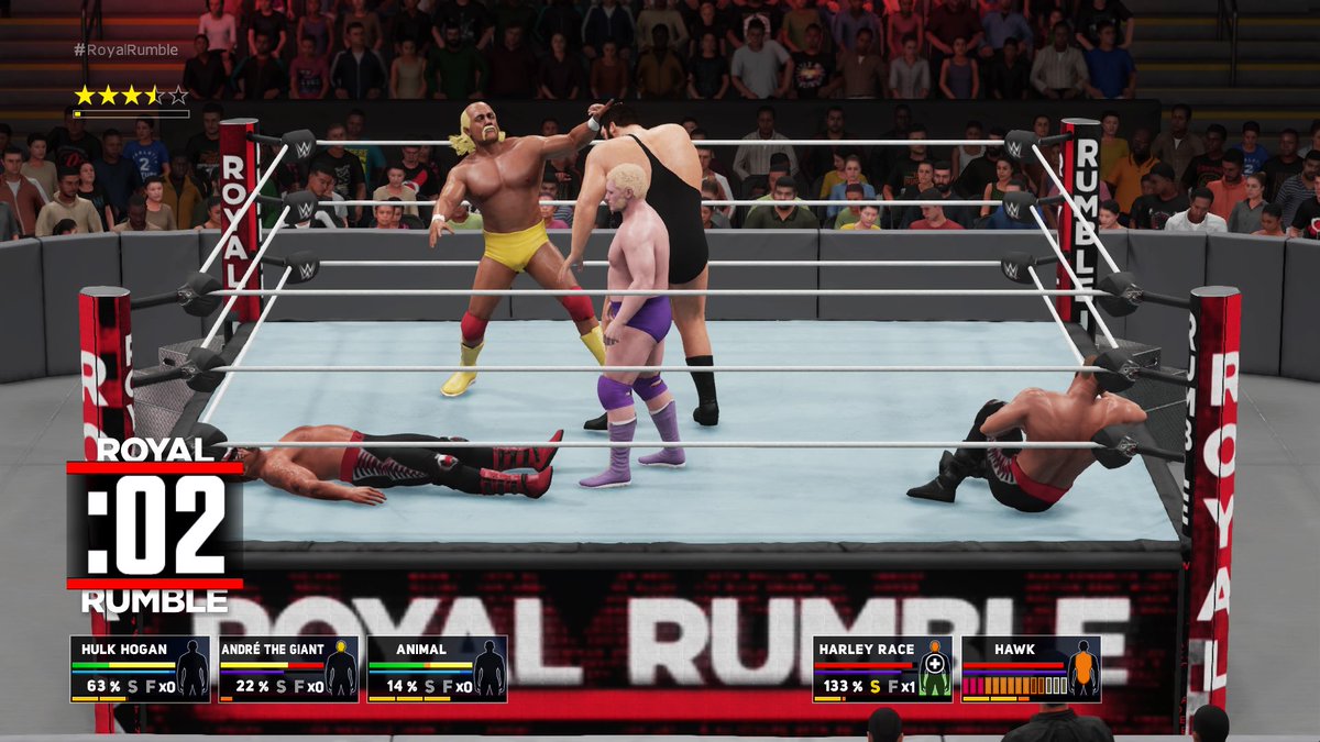 wwe2kgif's tweet photo. Hogan/Andre collide in the rumble, as The Legion of Doom recovers, giving Harley Race a break in #wwe2k18 https://t.co/0tevuCjJnw