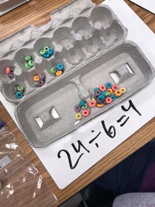 JoAnnLeleckES's tweet photo. Our third grade teacher, Ms. Shawyer, introduced division by using egg cartons and fruit loops! #MakingMathFun #MakingMathYummy https://t.co/20X3ZtTrAE
