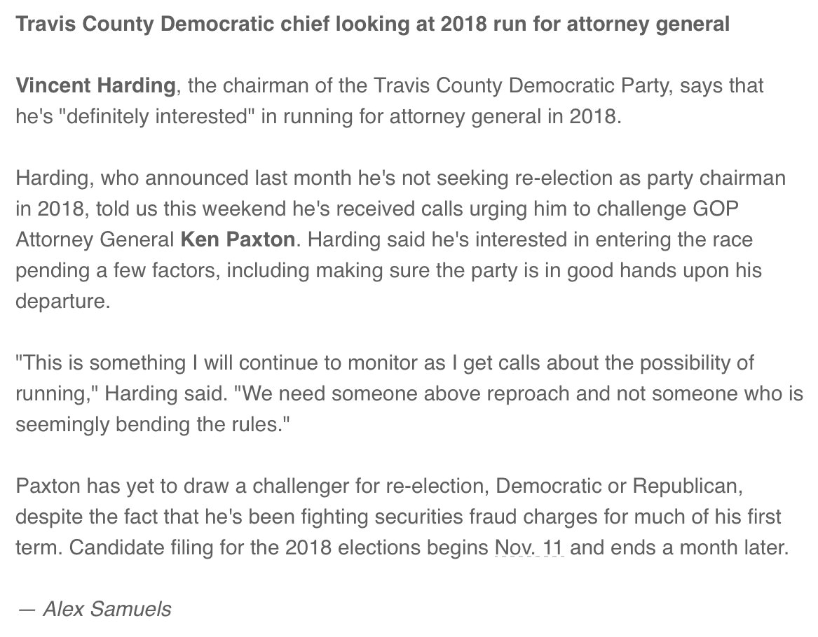 AlexSamuelsx5's tweet photo. New in The Blast: Travis Co. Democratic chief looks at 2018 run for AG. Paxton has yet to draw a single challenger for re-election. #txlege https://t.co/UZRe6b2jXG