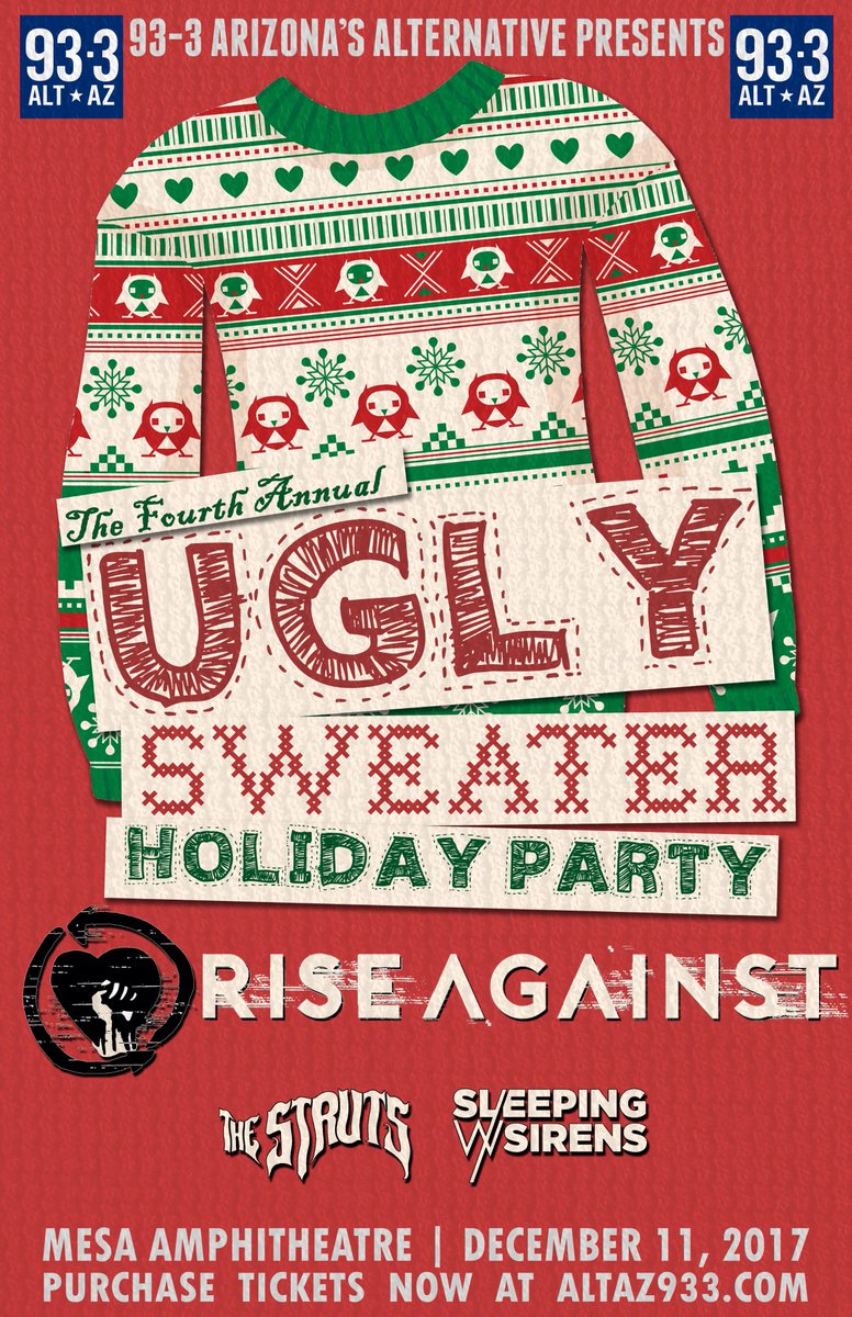 riseagainst's tweet photo. Join us at @grandsierra in Reno on 12/5 with @Pennywise + @altaz933 4th Annual Ugly Sweater Holiday Party in Mesa on 12/11! https://t.co/gacN6L7E95 https://t.co/B7IUqd6FkD