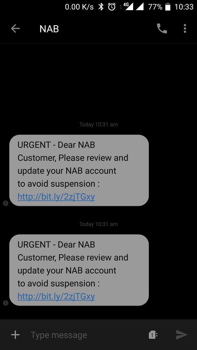 nithink's tweet photo. @NAB got this just now.. looks like a scam! Goes to unsecured site NAB dot im https://t.co/37pOvKJ39a
