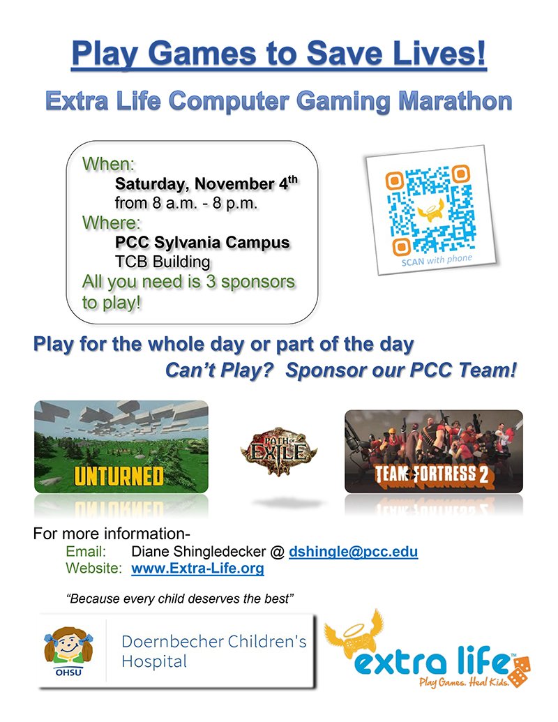 PCC_CBL's tweet photo. Play games to save lives on Sat. Nov 4th at PCC! Visit https://t.co/ru0dO4i46n &amp; register/join/donate to the PCC Sylvania Team #extralife https://t.co/tq0Mu6ld7g