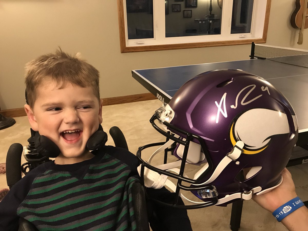 LevisHopeND's tweet photo. Seriously @Vikings. We get home from @MayoClinic to find a signed @XavierRhodes29_ helmet? You’re the best 😎 https://t.co/6WHzPoQ1JR