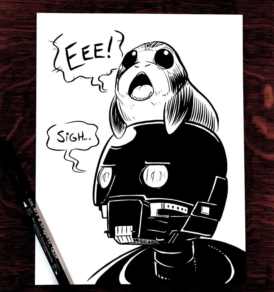 Even Kay can't resist Porgs.

<a href="/IAmK2SO/">K-2SO</a> <a href="/SpacePuffin_/">Porg</a>