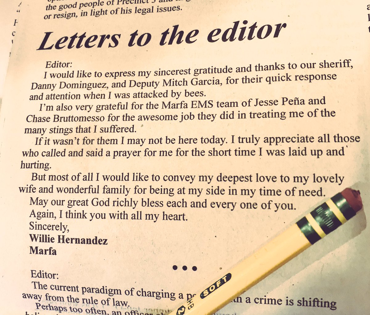 Tom2Michael's tweet photo. We still take the newspaper from    rural #WestTexas and this sums up small-town life in #Marfa: kindness + everyday terror. https://t.co/oZq0DPG7HZ