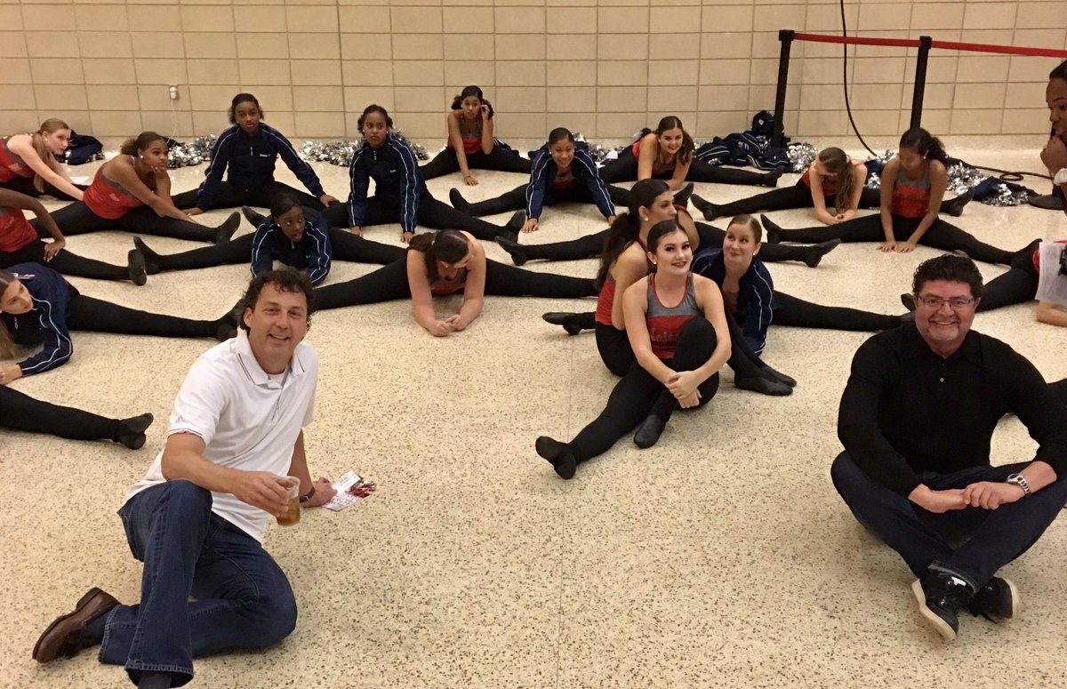 papaNplus10's tweet photo. Pregame stretch with #RocketDanceTeam and @IshPirate. Go @HoustonRockets https://t.co/WqAdL3rmV2