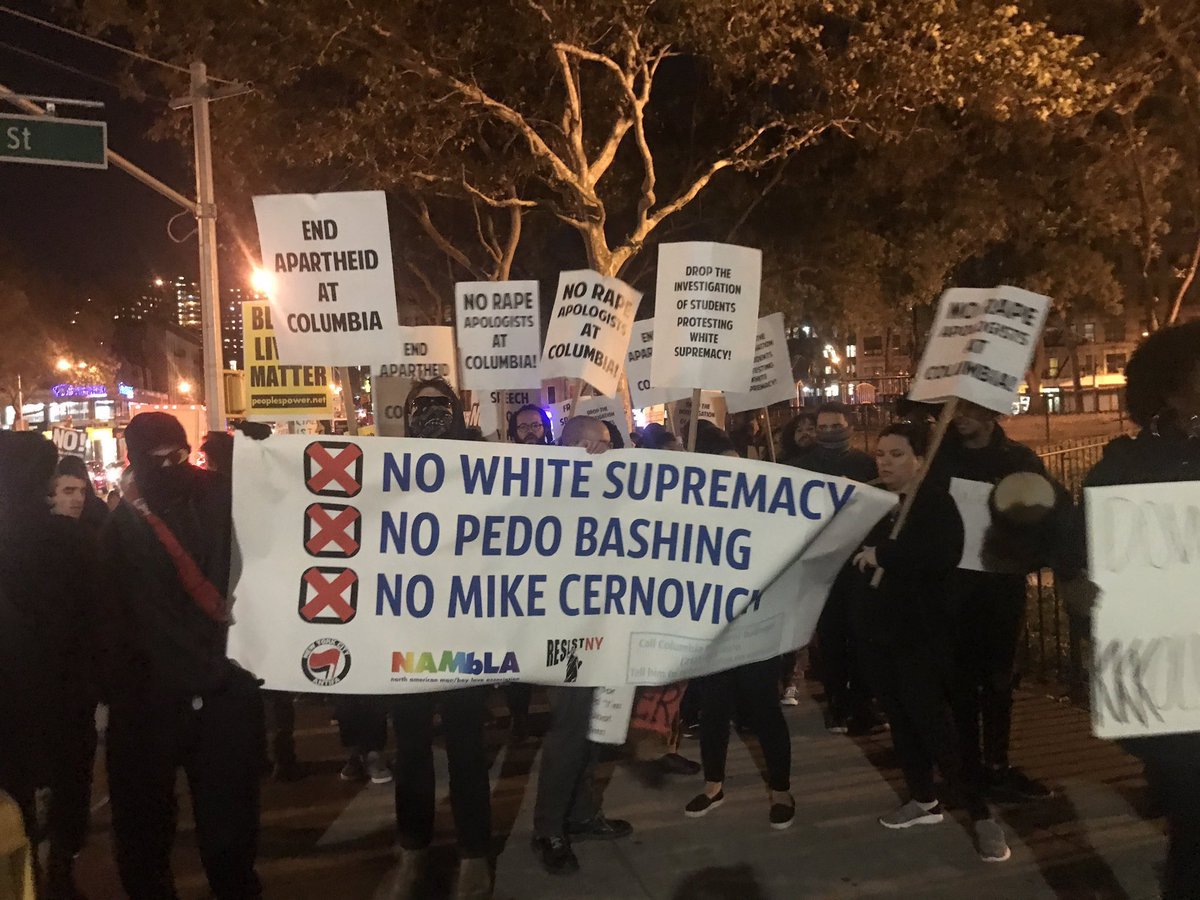 No pedo bashing sign, NAMBLA and AntiFA protest Mike Cernovich at Columbia