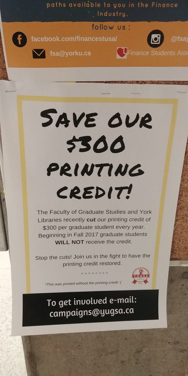 YUGSA84's tweet photo. Today we put up posters to demand that #YorkU restore our printing credit! We're calling for this basic service to be restored for all. https://t.co/YYM5ShsARV