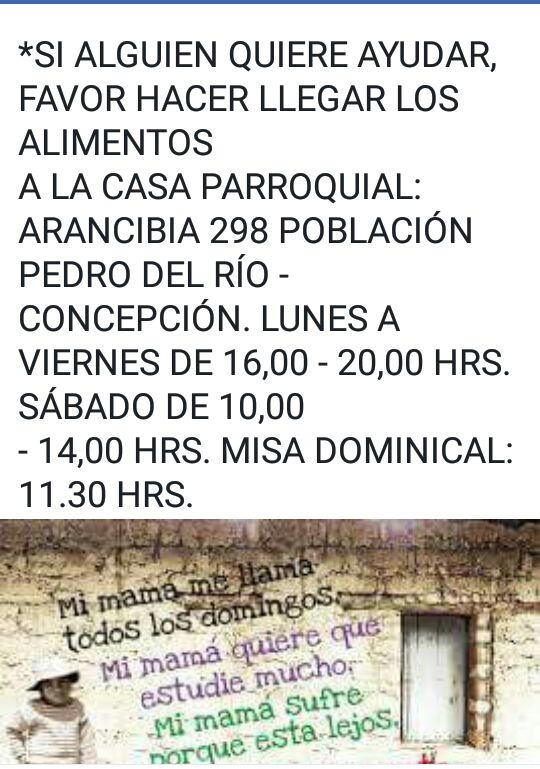 Carolonline's tweet photo. Petición para ir en ayuda a Hermanos Inmigrantes Parroquia Santa Madre de Dios, Concepción.Se necesita con urgencia: ALIMENTOS NO PERECIBLES https://t.co/TRJ0TkctvX