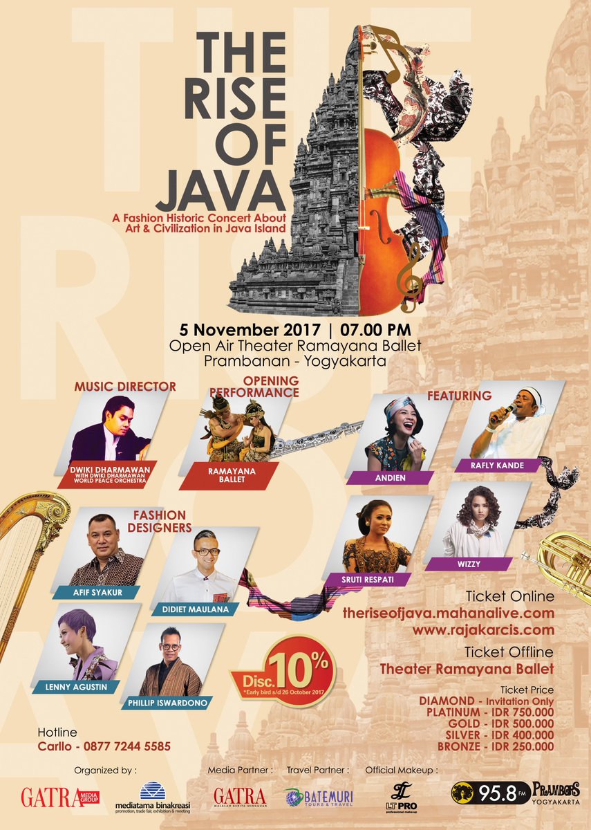 PramborsJogja's tweet photo. Musik &amp; fesyen The Rise of Java Yogyakarta 5 Nov 2017.   
Pembelian tiket di @PramborsJogja --> DISKON 50%
#TheRiseOfJava #fashionjogja https://t.co/ADh909C21B