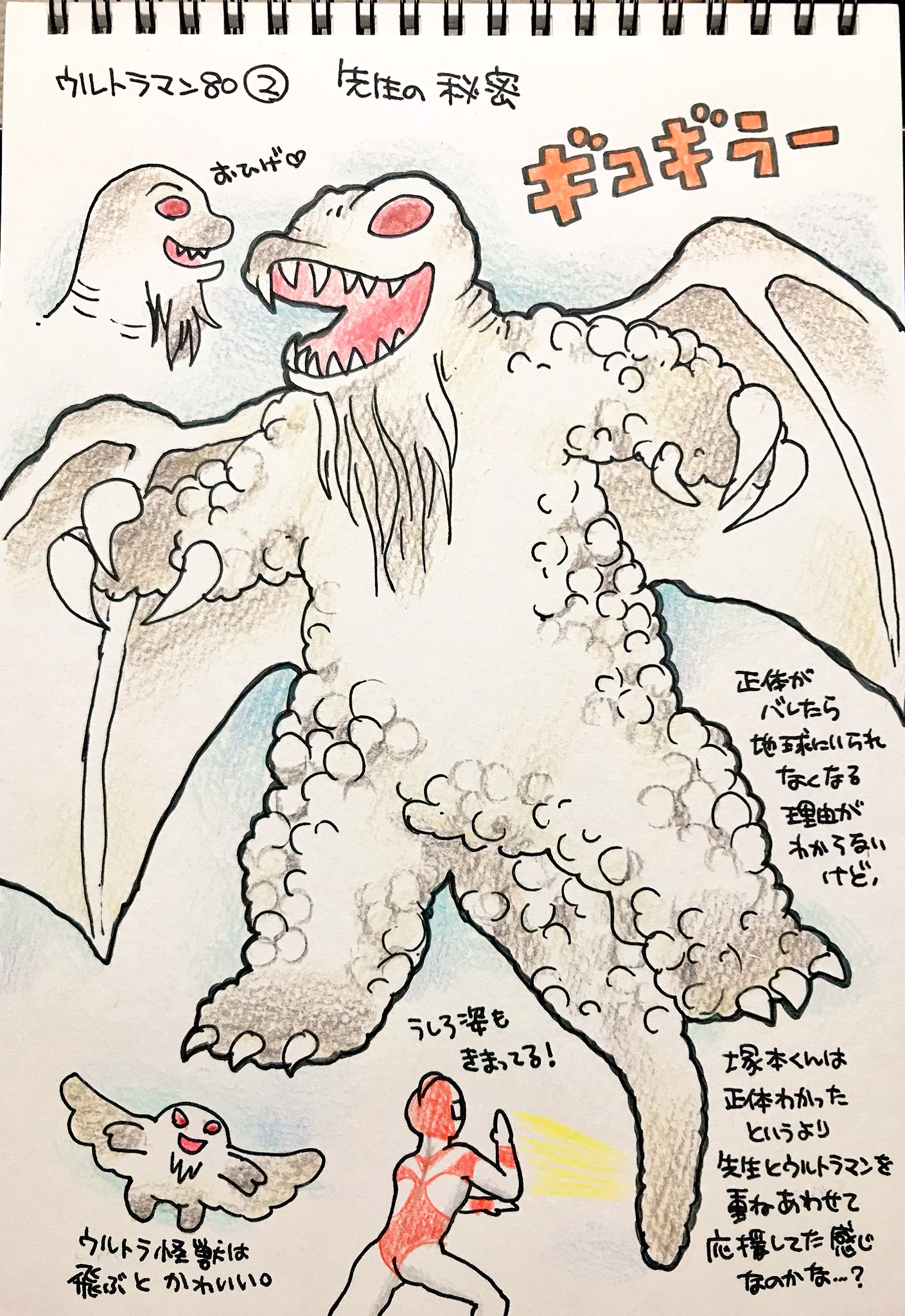 くまみ ウルトラマン80の怪獣をみた順に描きます 平日更新 先生の秘密 ギコギラー 翼のある怪獣は 空を飛ぶ時真正面から 真後ろから の構図が愛らしいですね 学校サイドの問題は意外とさらっと解決 まあスクールウォーズみたいに拗れてたら変身し