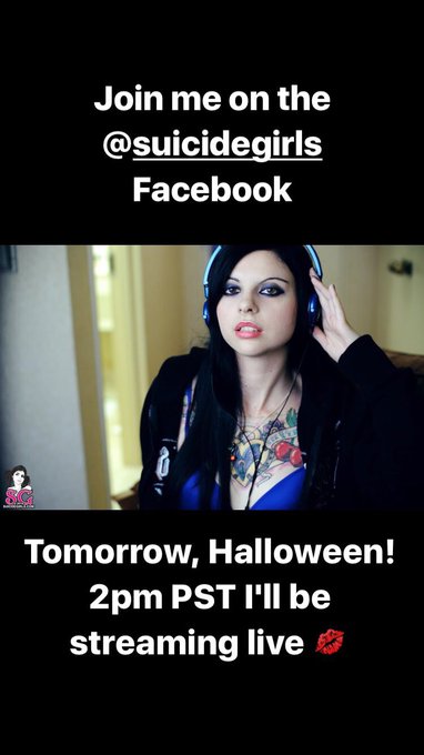 Tomorrow! (Technically today haha) Halloween, I'll be streaming on the @SuicideGirls #facebook page 2pm<a href="/tag/horror"class="tags"><span>#horror</span></a><a href="/tag/facebook"class="tags"><span>#facebook</span></a><a href="/tag/halloween"class="tags"><span>#halloween</span></a>