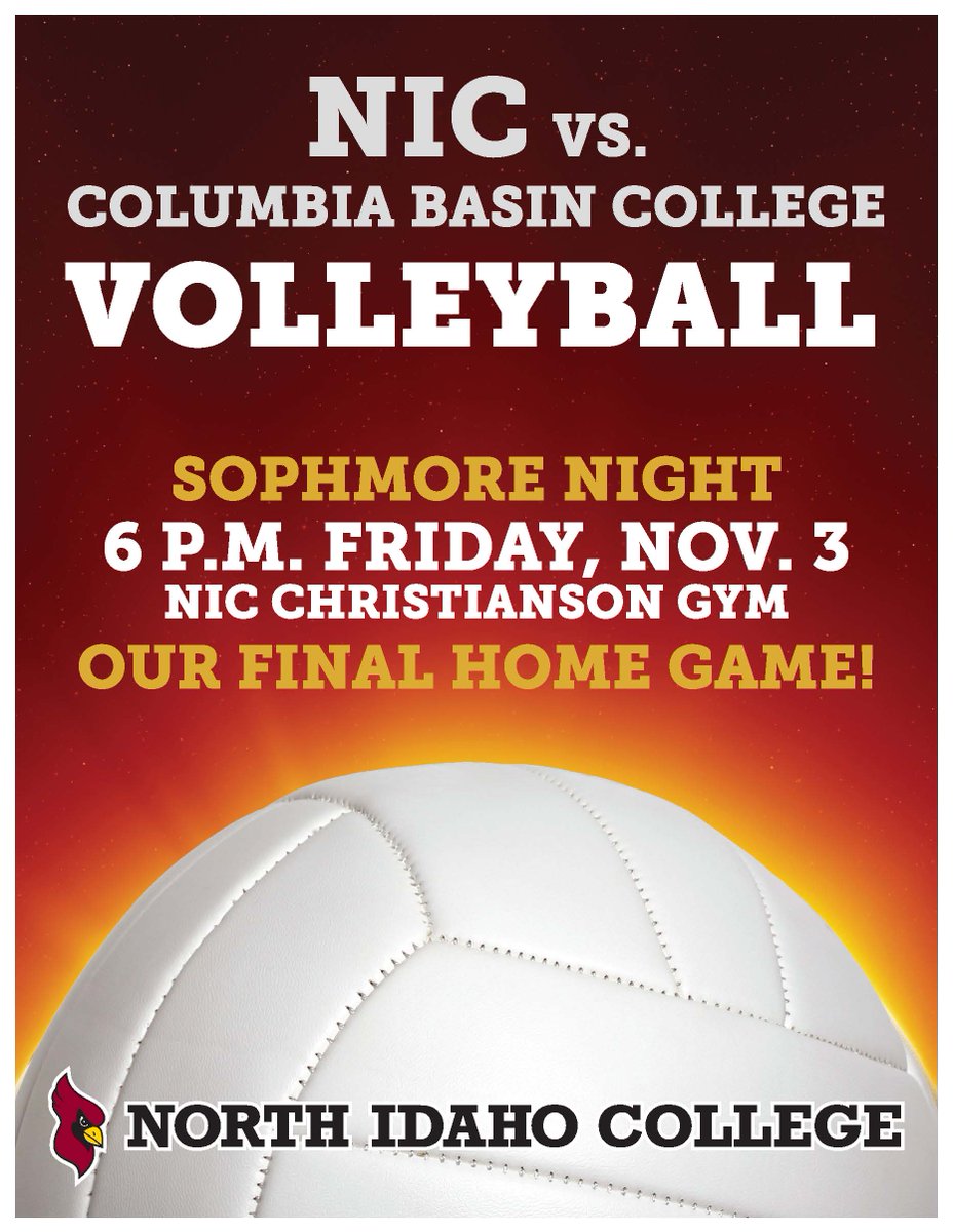 Don't miss NIC's last home volleyball game Friday, Nov. 3! It's Sophomore Night! <a href="/NICVolleyball1/">NIC Volleyball</a>