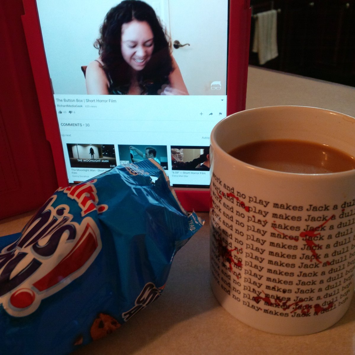 SophieKearing's tweet photo. .@CreepieRichie Drinking decaf, eating cookies, and watching #TheButtonBox by #RichardMediaGeek ☕🍪 https://t.co/Cc5wYlWLyw