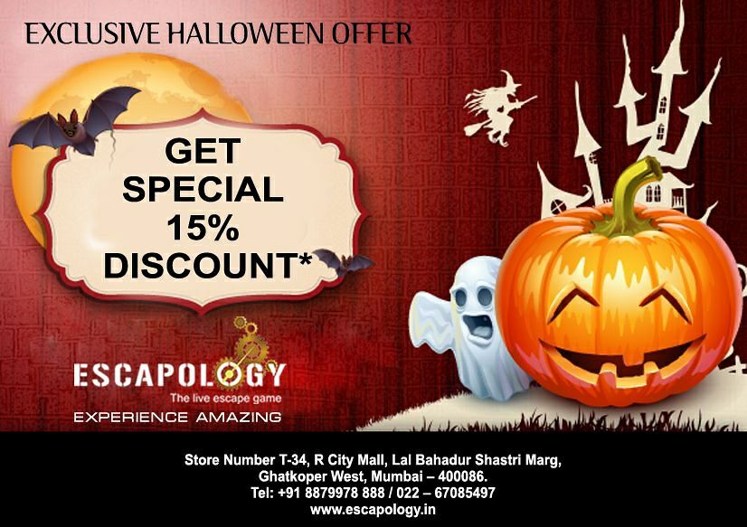 EscapologyInd's tweet photo. #halloween #getdiscount #specialoffer #experienceamazing #atescapology #somethingnew #fun #CelebrateWithEscapology #rcitymall #ghatkopar https://t.co/7RrFxCRA3r