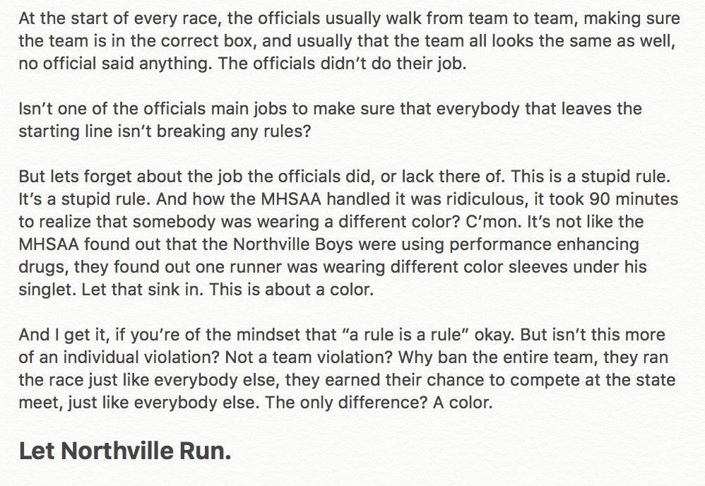 90 mins after qualifying for the Michigan State Meet, the Northville Boys team were told that they had been DQ'd.

Let Northville Run.