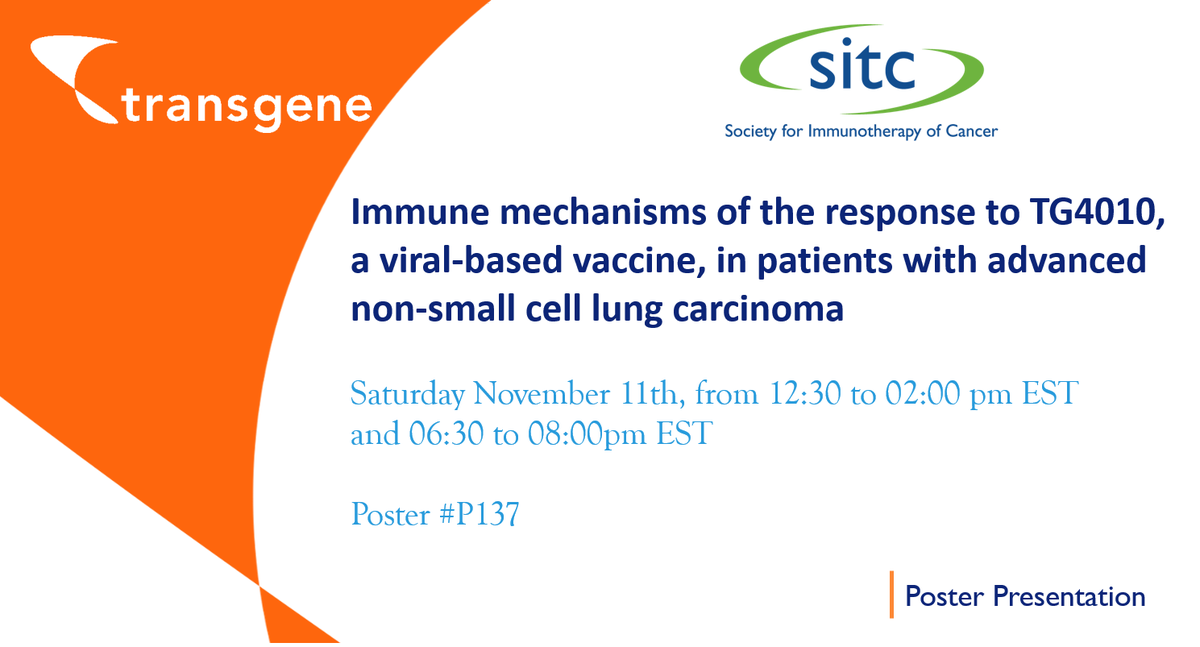 TransgeneSA's tweet photo. @TransgeneSA to present additional immunology data from TIME phase 2B trial with #TG4010 in patients with #NSCLC at #SITC2017 @sitcancer https://t.co/XkN4gvgg0v