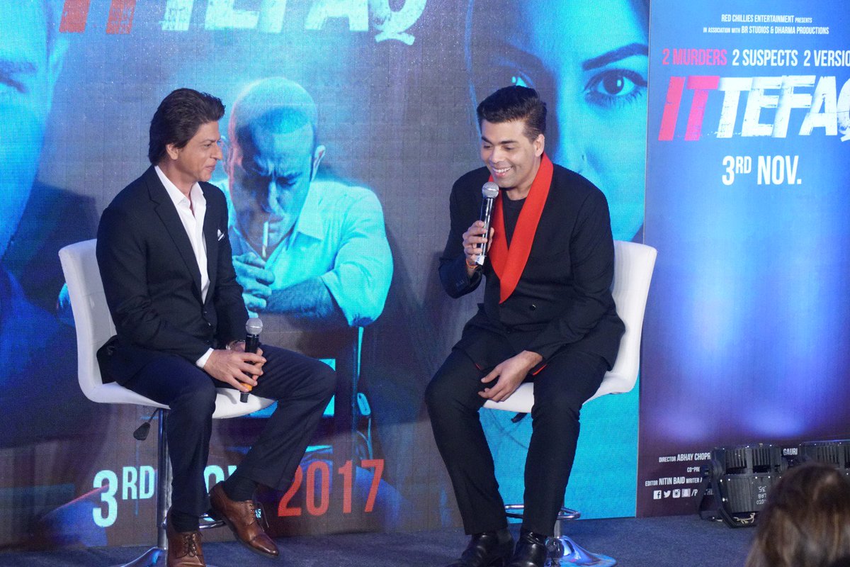 BollywoodUncut's tweet photo. Watch Exclusives #KaranJohar ChitChat With #ShahrukhKhan During #IttefaqPressConference #Ittefaq #IttefaqThisFriday👉https://t.co/GpkNO2gjMu https://t.co/kp96H04Mxp