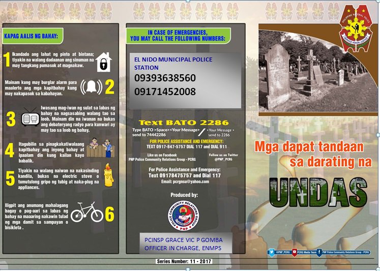 Mga dapat tandaan sa araw ng UNDAS at sa pagdalaw sa sementeryo. El Nido Municipal Police Station Hotline No. 0939-3638-560