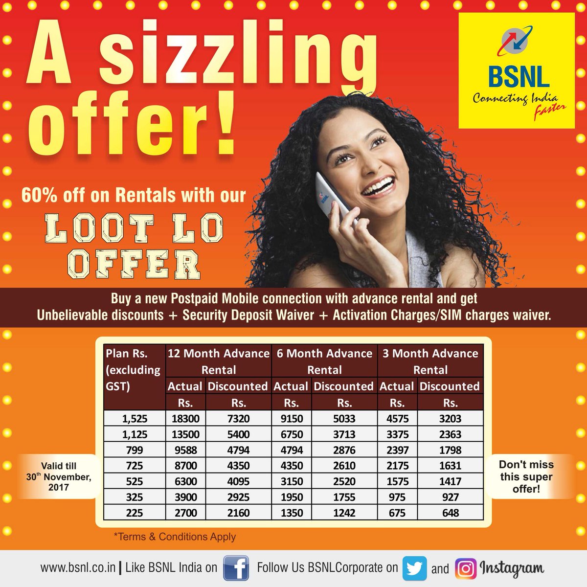 BSNLCorporate's tweet photo. Buy a new #BSNL postpaid Mobile connection with advance rental & get up to 60% off on Rentals with our LOOT LO OFFER. https://t.co/A19A5owGG2