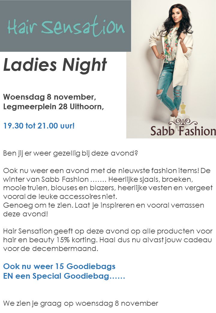 SabineHdejong's tweet photo. #ladies night in #uithoorn. Woensdag 8 november bij @hairsensationnl van 19.30-21.00 uur. #gezellig #fashion. https://t.co/r01wEEMX8O