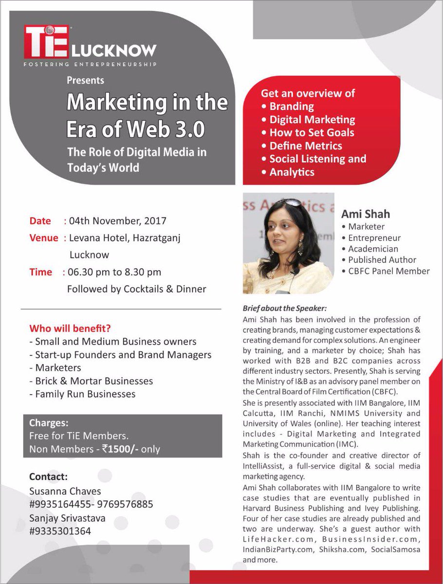 Khushal4's tweet photo. No entrepreneur, business-person or professional can escape the need for effective #branding &amp; #Marketing @TiELucknow brings @amishah0505 https://t.co/Rajefcvvfn