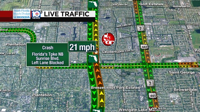 CRASH: Florida's Tpke NB & Sunrise Blvd. A left lane is blocked. #TRAFFIC https://t.co/1KOKidX0CF