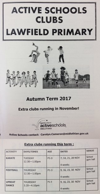 ActiveNewbattle's tweet image. Extra @Active_Mid clubs running in November @LawfieldPS for P1-3! Pick up a form from school office! Still spaces! #Karate #Football #Dance