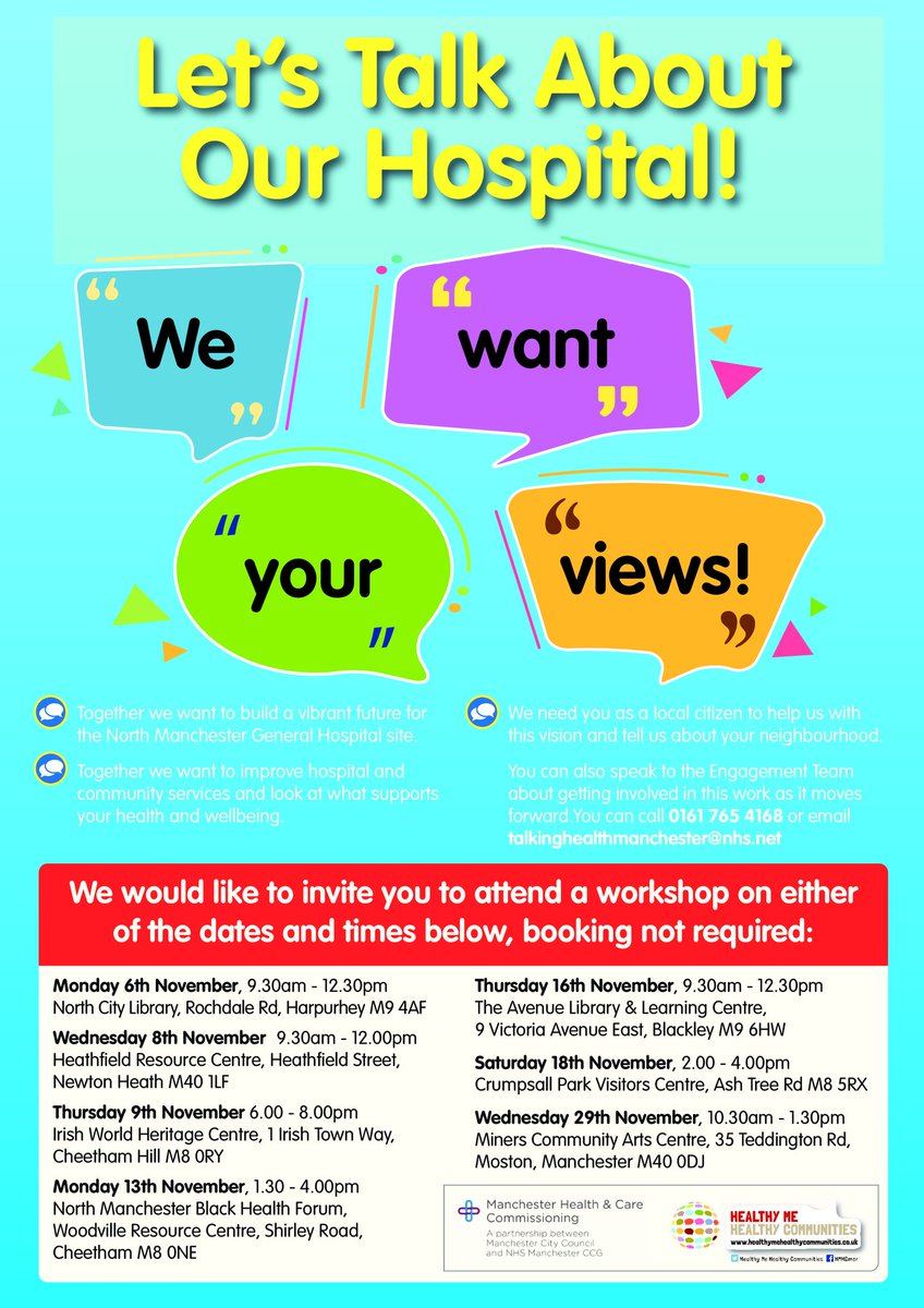 ManchesterICP's tweet photo. Live in north Mcr? Let's start talking about the vibrant future of our hospital! @McrCarers @CarersForumMCR @mcryoungcarers @khizramasjid https://t.co/Tu6YRtVQph
