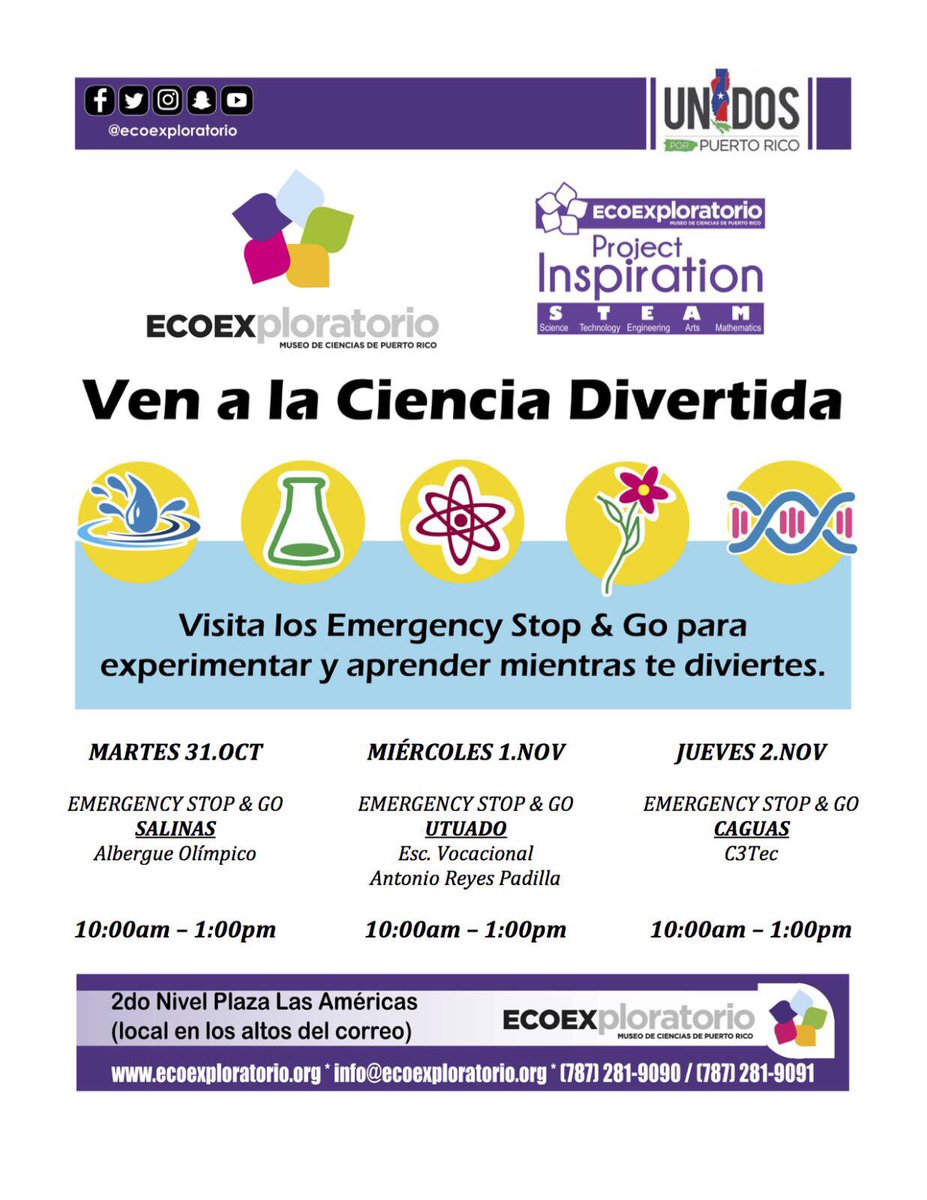 adamonzon's tweet image. ¿Dónde está #ProjectInspiration en esta semana? ¡El @ECOEXPLORATORIO está en #Salinas #Utuado y #Caguas con la ciencia divertida! #stopandgo