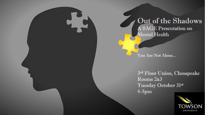 Towson_WMST's tweet photo. Join SAGE today in Chesapeake rooms 2&amp;3 in UU 4-5pm. Topic: importance of mental health. Your mental is a priority! #MentalHealthAwareness https://t.co/jehuNDNZv6