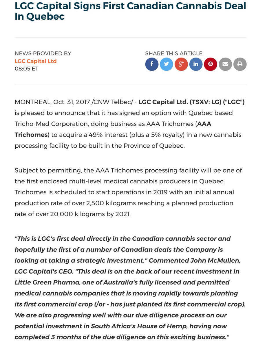 WallBayHoweSt's tweet image. News: LGC Capital $LG.v Signs First Canadian 🇨🇦Cannabis Deal In Quebec. #ACMPR 🌿 newswire.ca/news-releases/…