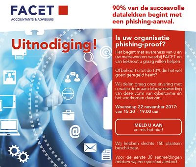 Top! Samenwerking <a href="/FACETacc/">FACET Accountants & Adviseurs</a> en Van Eekhout Groep... Uitnodiging op 22 nov. bij <a href="/HAL4aandeMaas/">HAL4 aan de Maas</a> Awareness datalekken! businessnetwerkrijnmond.nl/Nieuws/item/42…
